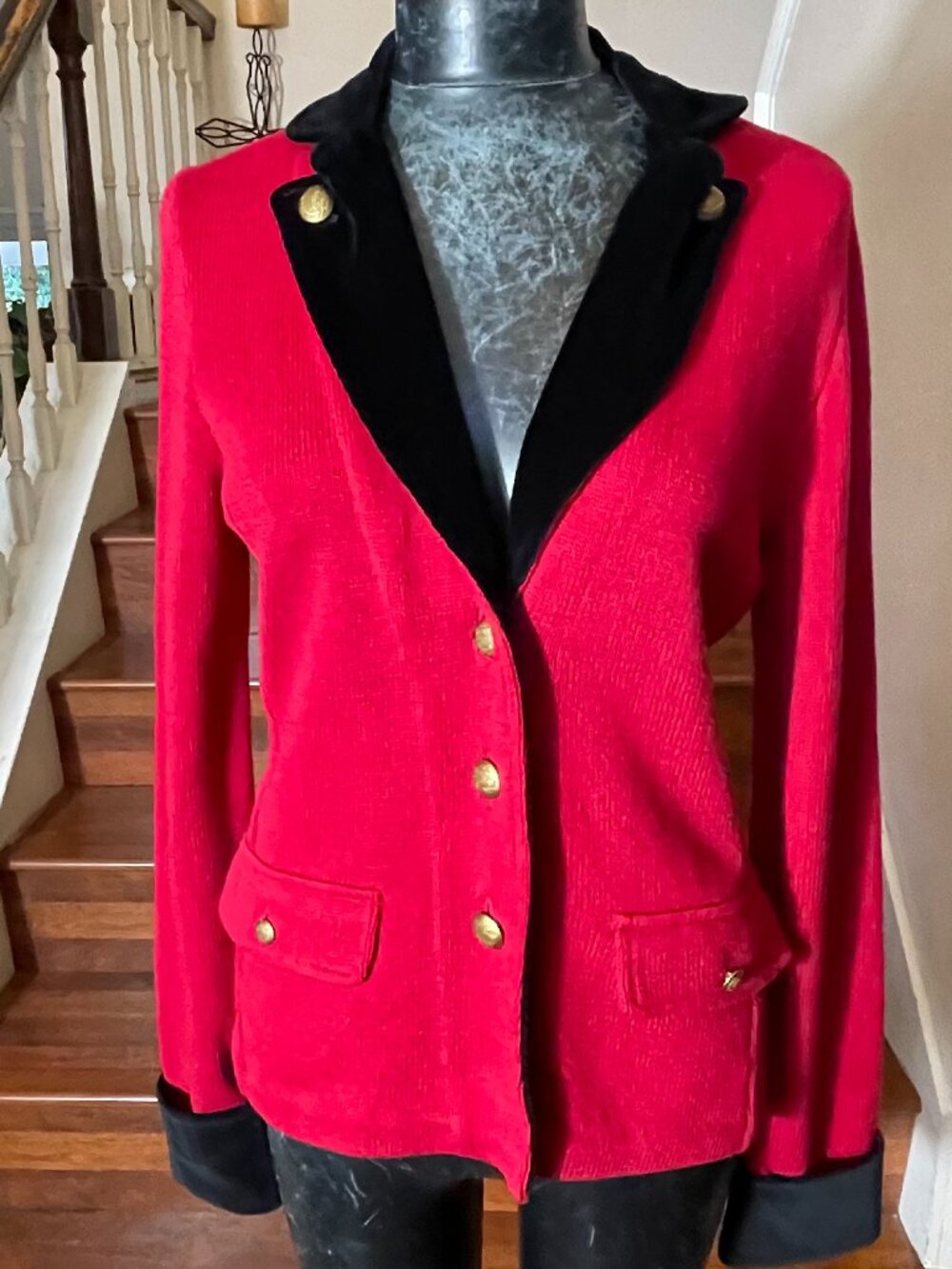 Lauren Ralph Lauren M Sweater Knit Jacket Red Black Velour Equestrian Blazer